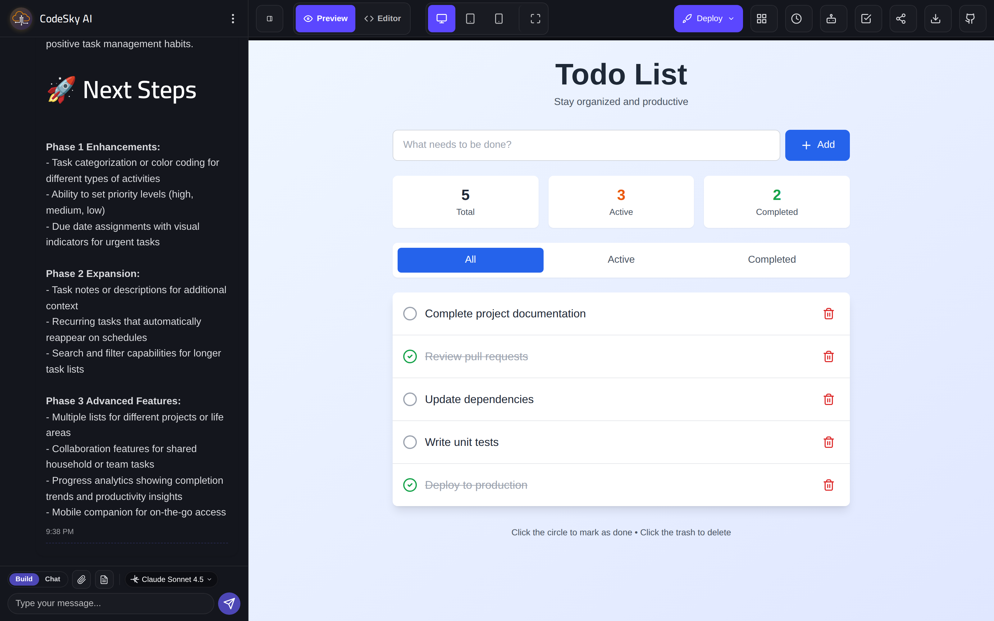Codesky designer: an AI chat on the left building a live, rendered application on the right