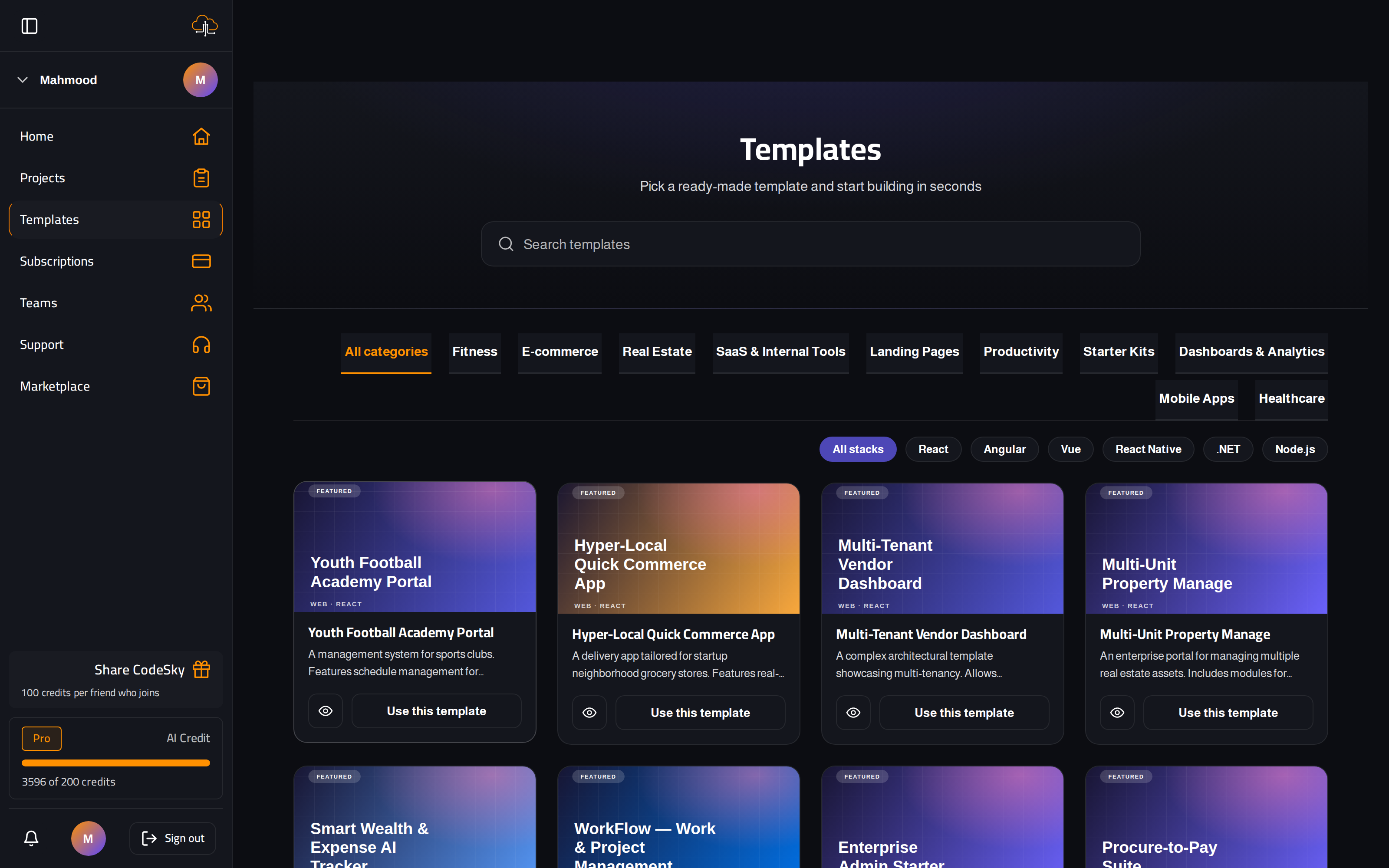 The Codesky in-app template gallery with category and stack filters